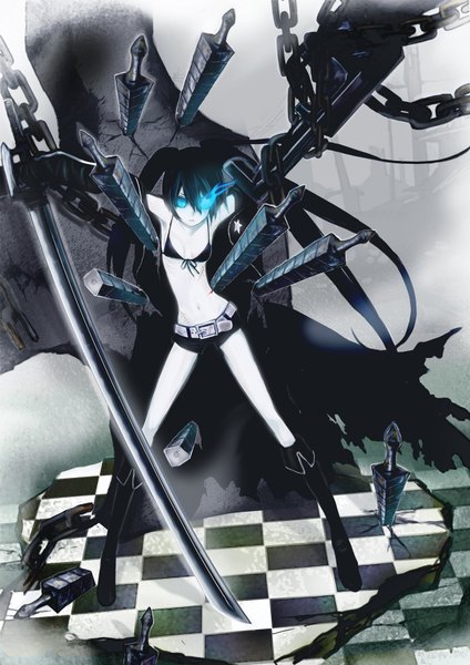 Anime picture 2480x3508 with black rock shooter black rock shooter (character) ebba long hair tall image fringe highres black hair twintails aqua eyes glowing glowing eye (eyes) pale skin checkered floor checkered girl weapon shorts boots belt