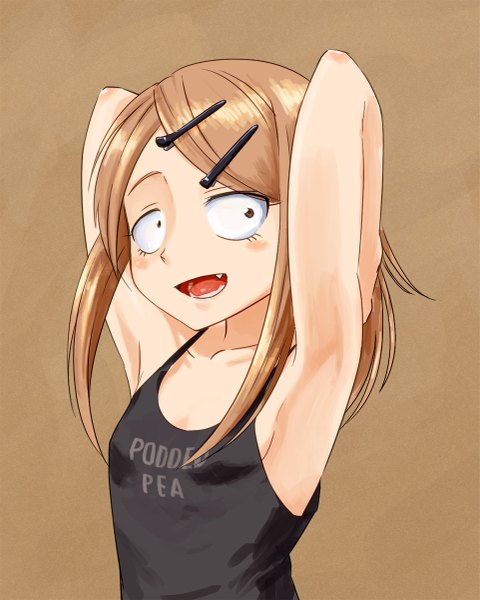 Anime picture 961x1200 with dagashi kashi feel (studio) endou saya (dagashi kashi) sat-c single long hair tall image blush breasts open mouth light erotic simple background brown hair brown eyes looking away armpit (armpits) fang (fangs) flat chest arms behind head brown background