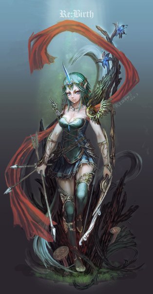 Anime picture 1099x2100 with original edenfox single tall image looking at viewer short hair blue eyes smile blue hair inscription girl dress flower (flowers) bow weapon wings belt scarf knee boots necklace
