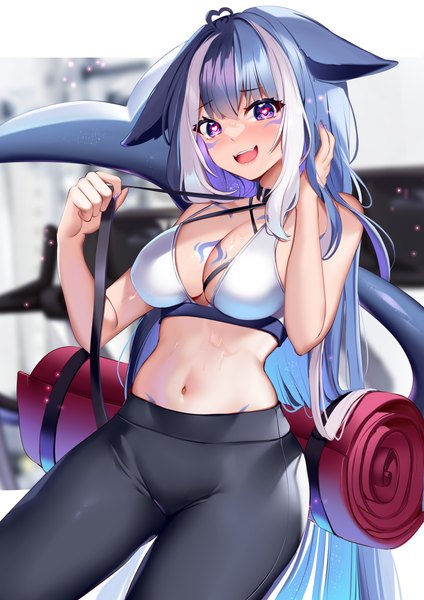 Anime picture 2828x4000 with virtual youtuber indie virtual youtuber shylily squchan single tall image looking at viewer blush fringe highres breasts open mouth light erotic black hair hair between eyes purple eyes ahoge white hair tail very long hair