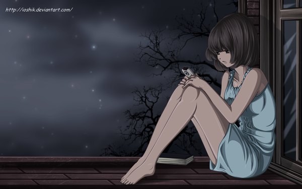 Anime picture 1500x939 with bakuman. j.c. staff aoki yuriko ioshik single short hair brown hair wide image sitting cloud (clouds) full body barefoot black eyes night night sky coloring hand on knee girl dress plant (plants)