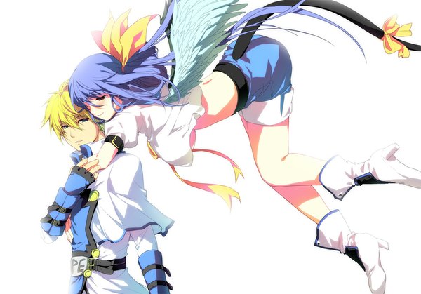 Anime picture 1000x699 with guilty gear dizzy (guilty gear) ky kiske ookami ryousuke long hair blush short hair blue eyes light erotic simple background blonde hair red eyes white background blue hair tail couple girl boy wings shorts
