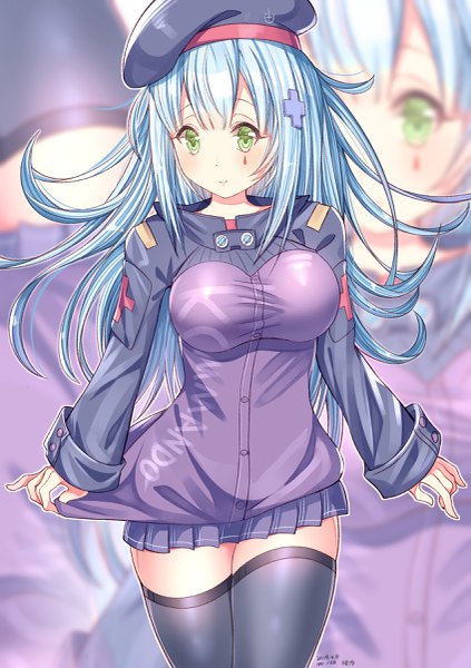 Anime picture 1694x2400 with girls frontline hk416 (girls frontline) jiaxi daze single long hair tall image looking at viewer blush fringe breasts large breasts standing holding green eyes signed payot blue hair blunt bangs long sleeves pleated skirt