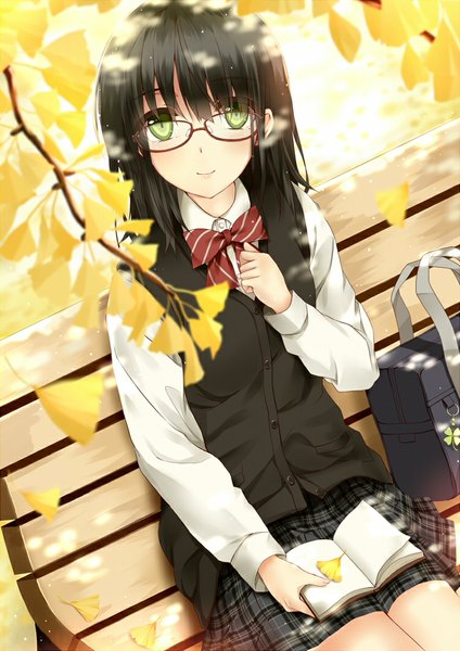 Anime-Bild 750x1060 mit original clock (clockart) single long hair tall image looking at viewer blush fringe black hair sitting green eyes outdoors light smile hand on chest plaid skirt autumn girl skirt uniform school uniform