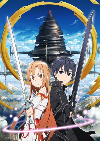 Anime picture 1305x1830 with sword art online a-1 pictures yuuki asuna kirigaya kazuto adachi shingo tall image looking at viewer black hair brown hair brown eyes sky cloud (clouds) black eyes mountain landscape girl dress boy uniform weapon