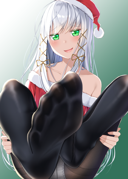 Anime picture 1300x1818 with original koide niru gurande (g-size) single long hair tall image looking at viewer blush fringe open mouth light erotic simple background sitting bare shoulders green eyes payot silver hair :d off shoulder fur trim