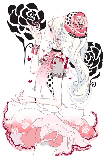 Anime picture 1200x1799 with original mzhbank single long hair tall image fringe standing white hair ponytail nail polish profile white skin butterfly on hand girl dress flower (flowers) hat earrings petals choker