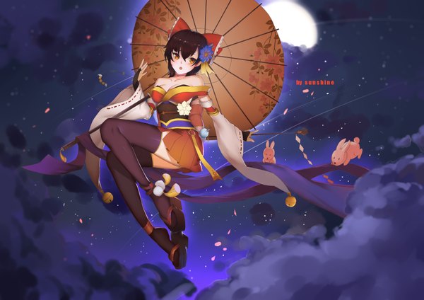 Anime picture 3507x2480 with touhou hakurei reimu sunshine (1638509769) single looking at viewer fringe highres open mouth hair between eyes bare shoulders brown eyes absurdres cleavage cloud (clouds) full body bent knee (knees) traditional clothes head tilt japanese clothes pleated skirt