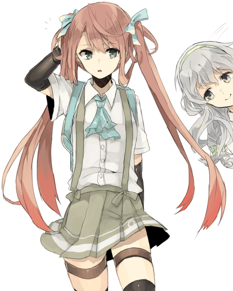 Anime picture 904x1125 with kantai collection asagumo (kantai collection) yamagumo (kantai collection) asagumo (kancolle) chibirisu tall image fringe open mouth brown hair white background twintails multiple girls brown eyes looking away silver hair braid (braids) head tilt pleated skirt light smile wind