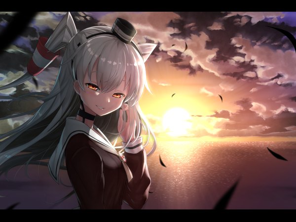 Anime picture 2048x1536 with kantai collection amatsukaze destroyer matanonki single long hair blush highres smile sky silver hair cloud (clouds) orange eyes two side up evening sunset letterboxed girl hat hair tubes sailor suit