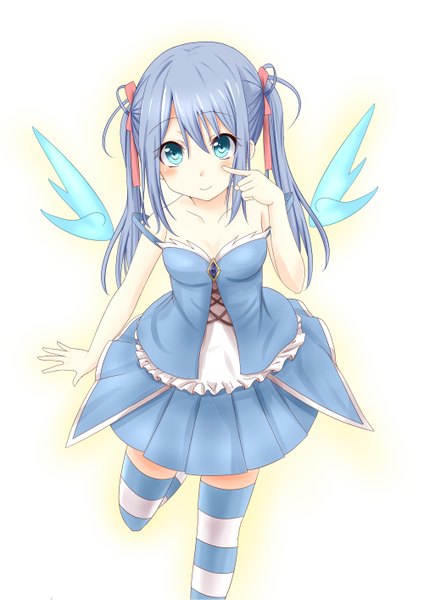 Anime picture 2000x2828 with original saku (kudrove) single long hair tall image looking at viewer blush highres blue eyes twintails blue hair girl thighhighs dress ribbon (ribbons) hair ribbon wings striped thighhighs