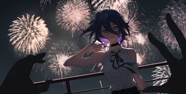 Anime picture 3854x1959 with chainsaw man mappa reze (chainsaw man) dododo looking at viewer fringe highres short hair smile hair between eyes wide image green eyes purple hair upper body night sleeveless solo focus fireworks girl choker