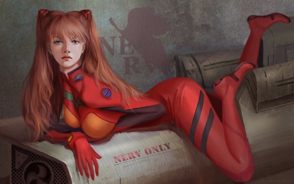 Anime picture 3035x1906 with neon genesis evangelion gainax soryu asuka langley adora zhang single long hair looking at viewer fringe highres breasts blue eyes hair between eyes large breasts full body bent knee (knees) lying orange hair realistic two side up on stomach