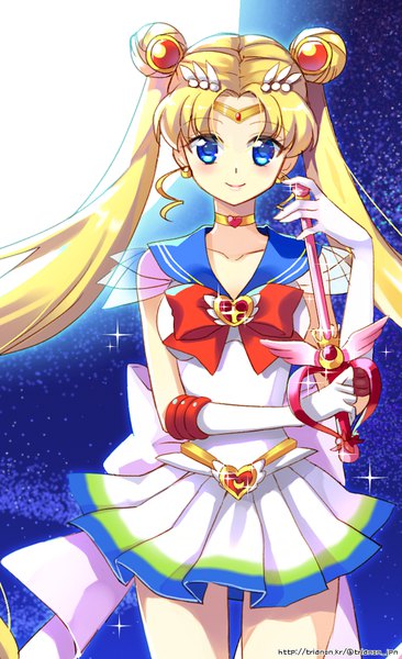 Anime picture 600x982 with bishoujo senshi sailor moon toei animation tsukino usagi sailor moon super sailor moon trianon single long hair tall image looking at viewer blush blue eyes blonde hair smile standing twintails sparkle hair bun (hair buns) magical girl girl