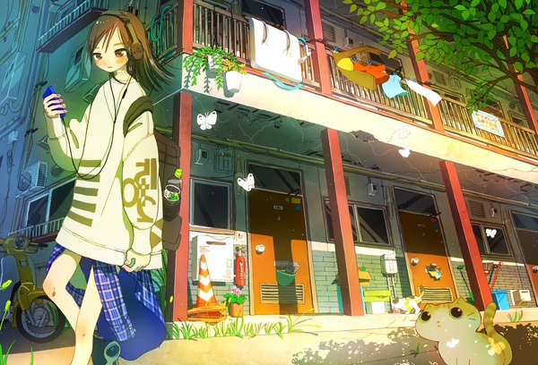 Anime picture 3467x2360 with original tao (tao15102) single long hair blush highres brown hair standing brown eyes absurdres outdoors fingernails wind looking down clothes around waist girl plant (plants) animal tree (trees) headphones