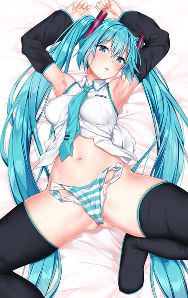 Anime picture 3500x5550 with vocaloid hatsune miku jack dempa single tall image looking at viewer blush fringe highres breasts open mouth blue eyes light erotic hair between eyes large breasts twintails payot absurdres ass lying