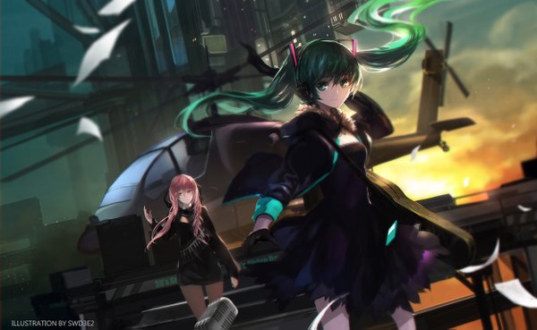 Anime picture 1244x767 with vocaloid hatsune miku megurine luka swd3e2 long hair looking at viewer wide image multiple girls green eyes pink hair green hair wind watermark girl dress gloves 2 girls black gloves headphones black dress