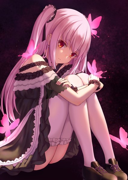 Anime picture 2900x4096 with virtual youtuber hololive uruha rushia uruha rushia (3rd costume) touri tarou (misconception) single long hair tall image looking at viewer highres simple background red eyes sitting pink hair two side up black background leg hug butterfly on hand girl thighhighs