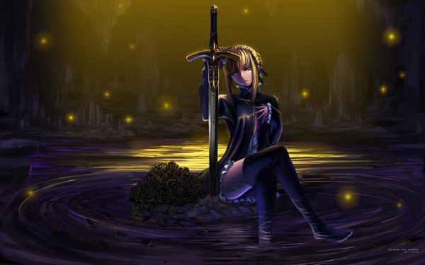 Anime picture 1920x1200 with fate (series) fate/stay night studio deen type-moon artoria pendragon (all) saber maisaki single highres short hair blonde hair wide image yellow eyes crossed legs girl thighhighs flower (flowers) weapon black thighhighs sword