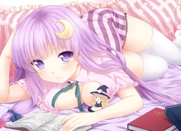 Anime picture 1800x1300 with touhou kirisame marisa patchouli knowledge etou (cherry7) single long hair highres breasts light erotic large breasts purple eyes purple hair lying crescent girl thighhighs bow hair bow white thighhighs book (books)