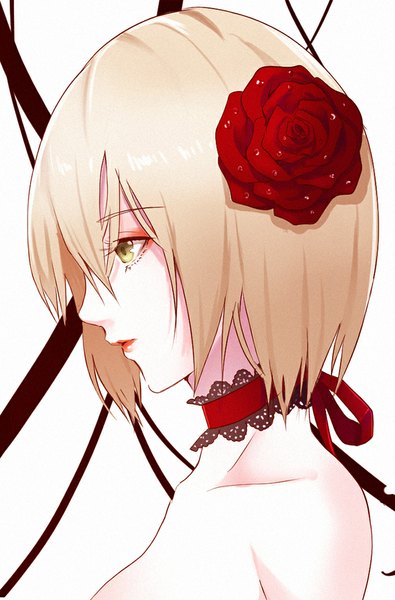 Anime picture 658x1000 with original bichon168 single tall image short hair simple background blonde hair white background bare shoulders yellow eyes profile hair flower girl hair ornament flower (flowers) ribbon (ribbons) choker