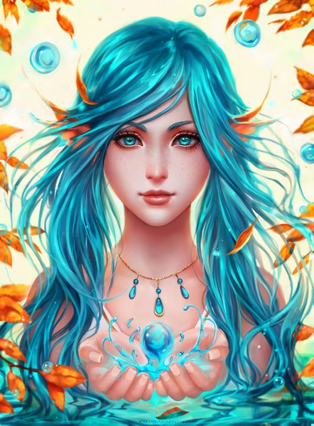 Anime picture 800x1086 with original midorisa single long hair tall image aqua eyes aqua hair partially submerged freckles girl water leaf (leaves) necklace water drop autumn leaves