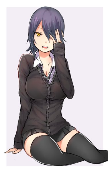 Anime picture 629x1000 with kantai collection tenryuu light cruiser ganesagi single tall image looking at viewer fringe short hair breasts open mouth simple background large breasts white background sitting yellow eyes purple hair hair over one eye framed hand on face girl