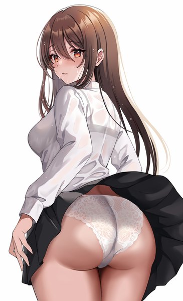 Anime picture 1000x1645 with original harimoji single long hair tall image blush fringe light erotic simple background hair between eyes red eyes brown hair standing white background looking away ass long sleeves wet turning head wet clothes