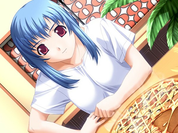Anime picture 1024x768 with cherish pizza wa ikaga desu ka red eyes blue hair game cg girl