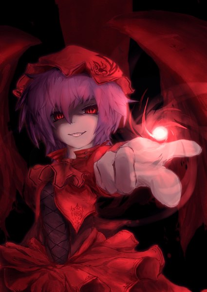 Anime picture 1178x1663 with touhou remilia scarlet kanchigai (artist) single tall image short hair red eyes pink hair outstretched arm magic demon wings girl dress wings bonnet