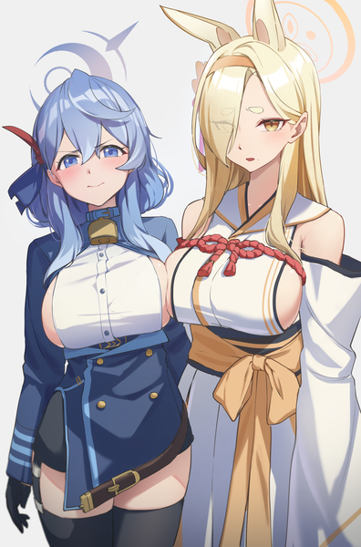 Anime picture 1227x1861 with blue archive ako (blue archive) kaho (blue archive) reulem long hair tall image looking at viewer blush fringe breasts blue eyes light erotic simple background blonde hair large breasts standing multiple girls animal ears yellow eyes blue hair