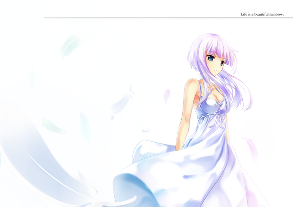Anime picture 3507x2480 with original ame no uta (aria-rain) single long hair highres blue eyes simple background red eyes white background pink hair absurdres inscription heterochromia girl dress