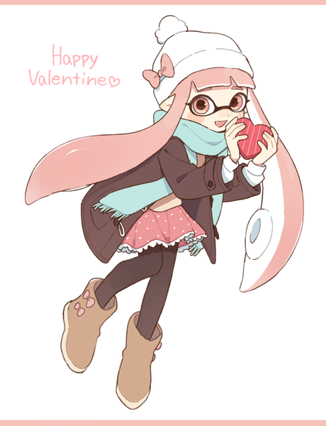 Anime picture 660x860 with splatoon nintendo inkling gomi (kaiwaresan44) single long hair tall image looking at viewer blush fringe open mouth simple background white background pink hair full body blunt bangs pink eyes valentine tentacle hair girl