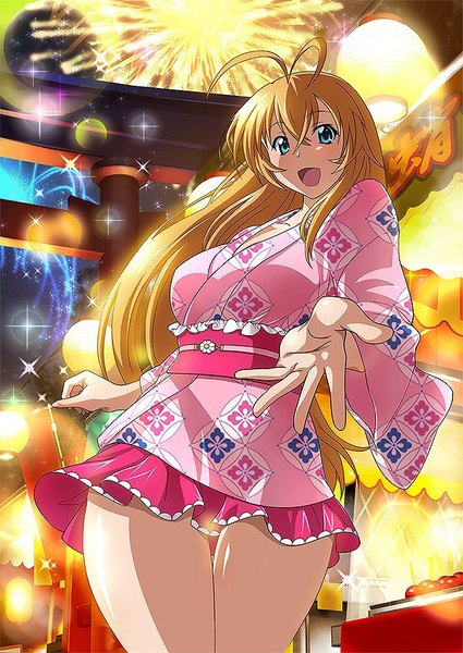 Anime picture 600x847 with ikkitousen sonsaku hakufu single long hair tall image blush open mouth blue eyes light erotic blonde hair ahoge traditional clothes japanese clothes fireworks girl kimono torii