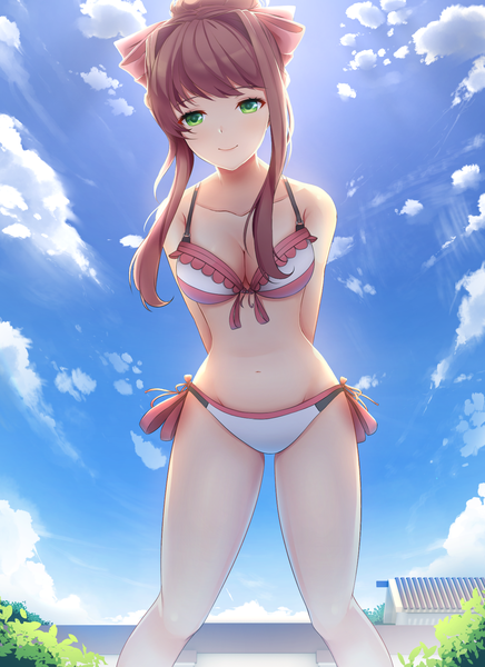 Anime picture 1280x1760 with doki doki literature club monika (doki doki literature club) tsukimaru single long hair tall image looking at viewer breasts light erotic smile brown hair standing green eyes payot sky cleavage cloud (clouds) alternate hairstyle arms behind head hair up