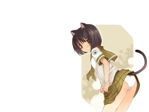 Anime picture 1280x960 with single looking at viewer fringe short hair light erotic black hair simple background white background brown eyes animal ears tail animal tail looking back cat girl cat tail leaning leaning forward girl uniform underwear