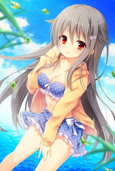 Anime picture 1181x1748 with original nagisa rio single long hair tall image looking at viewer blush fringe breasts light erotic hair between eyes red eyes large breasts sky cloud (clouds) light smile grey hair dutch angle girl swimsuit