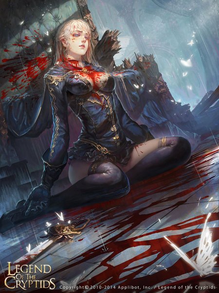 Anime picture 1200x1600 with legend of the cryptids rui li single long hair tall image looking at viewer fringe blue eyes light erotic sitting parted lips lips copyright name expressionless floor bleeding girl gloves weapon sword