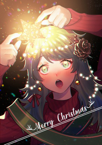 Anime picture 700x990 with original noriuma single long hair tall image blush open mouth holding green eyes grey hair christmas shiny merry christmas girl earrings star (symbol) bauble