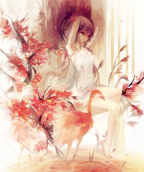 Anime picture 1000x1200 with vocaloid hatsune miku asdoiu long hair tall image fringe red eyes sitting twintails bare shoulders blue hair looking away bent knee (knees) barefoot bare legs no shoes arms behind head girl dress plant (plants)