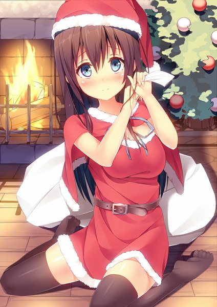 Anime picture 751x1062 with original hatsuki kaname single long hair tall image looking at viewer blush blue eyes smile brown hair fur trim christmas girl thighhighs black thighhighs hat fur santa claus hat santa claus costume fireplace