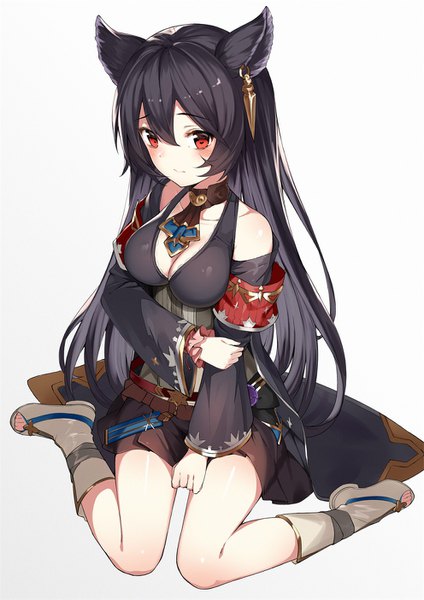 Anime picture 992x1403 with granblue fantasy nier (granblue fantasy) gin00 single long hair tall image looking at viewer blush fringe breasts light erotic black hair simple background red eyes sitting animal ears cleavage full body gradient background piercing