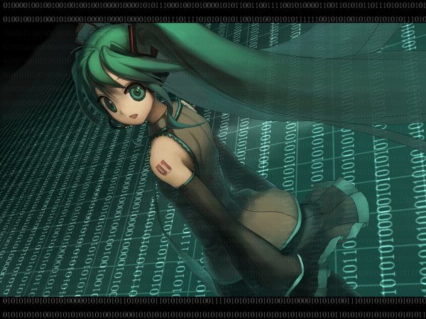 Anime picture 1280x960 with vocaloid hatsune miku green eyes green hair binary girl