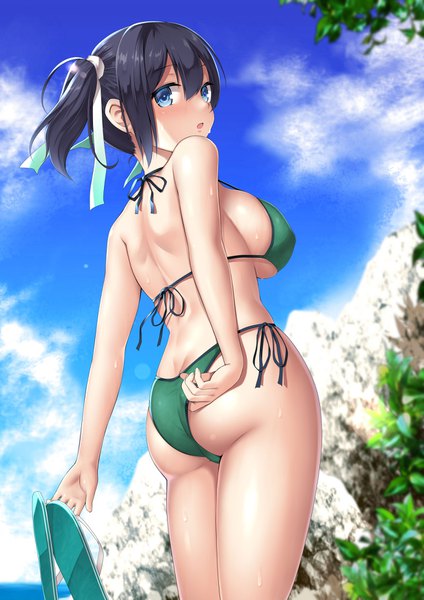 Anime picture 1240x1754 with kantai collection souryuu aircraft carrier kuromayu single tall image looking at viewer blush fringe short hair breasts open mouth blue eyes light erotic black hair hair between eyes large breasts standing holding payot sky