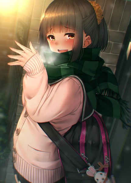 Anime picture 1058x1471 with original waterdog single tall image looking at viewer blush fringe short hair open mouth black hair standing brown eyes payot blunt bangs sleeves past wrists half updo exhalation hands clasped girl uniform