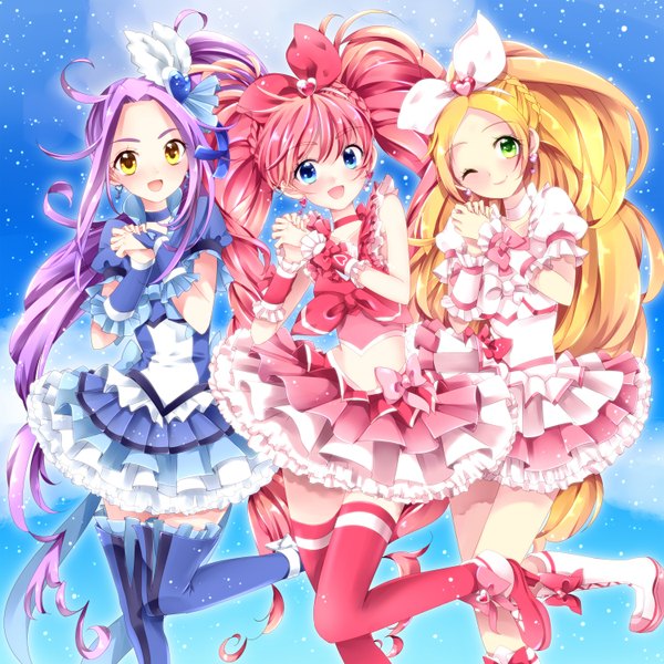 Anime picture 1500x1500 with precure toei animation seiren (suite precure) cure melody cure rhythm cure beat uzuki aki long hair blue eyes blonde hair smile multiple girls green eyes yellow eyes purple hair red hair one eye closed wink girl thighhighs