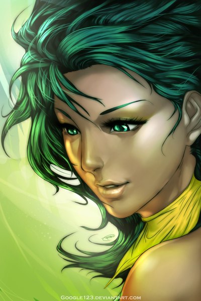 Аниме картинка 1024x1536 с оригинальное изображение artipelago один (одна) длинные волосы высокое изображение зелёные глаза зелёные волосы губы реалистичный портрет свет лицо девушка