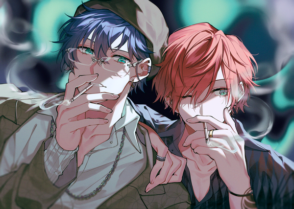Anime picture 3583x2549 with virtual youtuber nijisanji lauren iroas leos vincent michikake16 fringe highres short hair hair between eyes blue hair absurdres upper body red hair one eye closed aqua eyes multiple boys tattoo smoke partially open clothes smoking