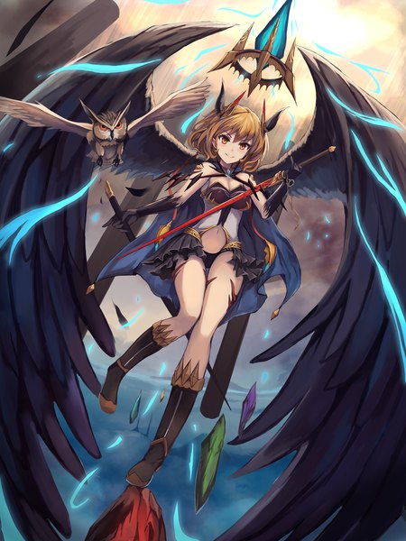 Anime picture 1200x1600 with original eruthika single tall image looking at viewer blush short hair light erotic blonde hair smile brown hair standing holding cloud (clouds) pleated skirt horn (horns) orange eyes thigh gap magic standing on one leg