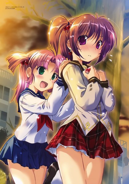 Anime picture 4906x7000 with komatsu eiji tall image blush highres short hair open mouth purple eyes twintails multiple girls green eyes absurdres purple hair scan official art short twintails girl uniform 2 girls plant (plants) school uniform